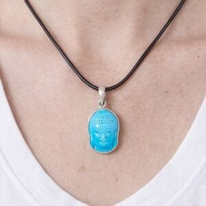 Vintage Sterling Silver Buddha Turquoise Pendant Necklace